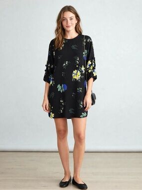 MANGO Floral Shift Mini Dress Ruched Buttons Sleeves Black Sz 6